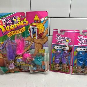 Vintage Treasure Trolls Teenies 4 Pack Plus Earrings 1992 Novelty New 90s Toy